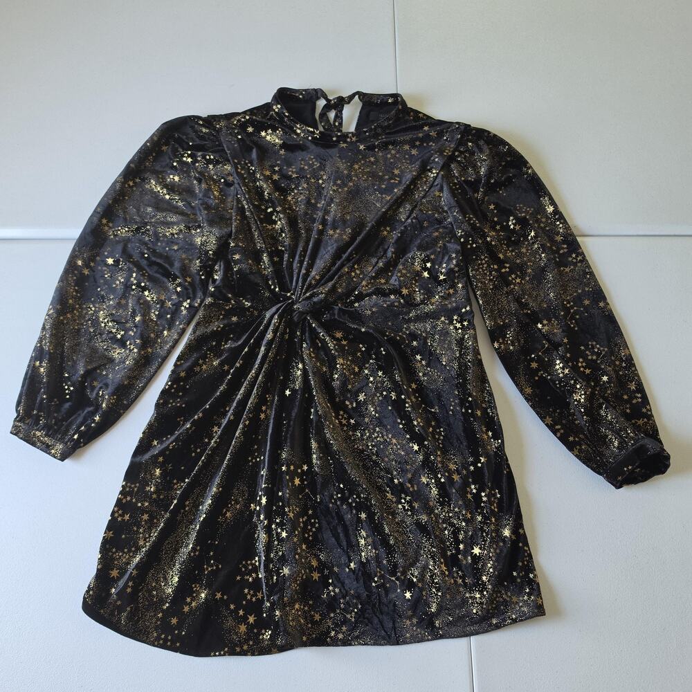 AllSaints Jemima Star Dress Women 10 Black Velvet Star Mini Long Slv Whimsical